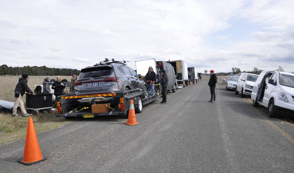 The film crew set up off Windellama Road on Thursday. The commercial featured the Hyundai Santa Fe hybrid model (left). Picture by Louise Thrower. 