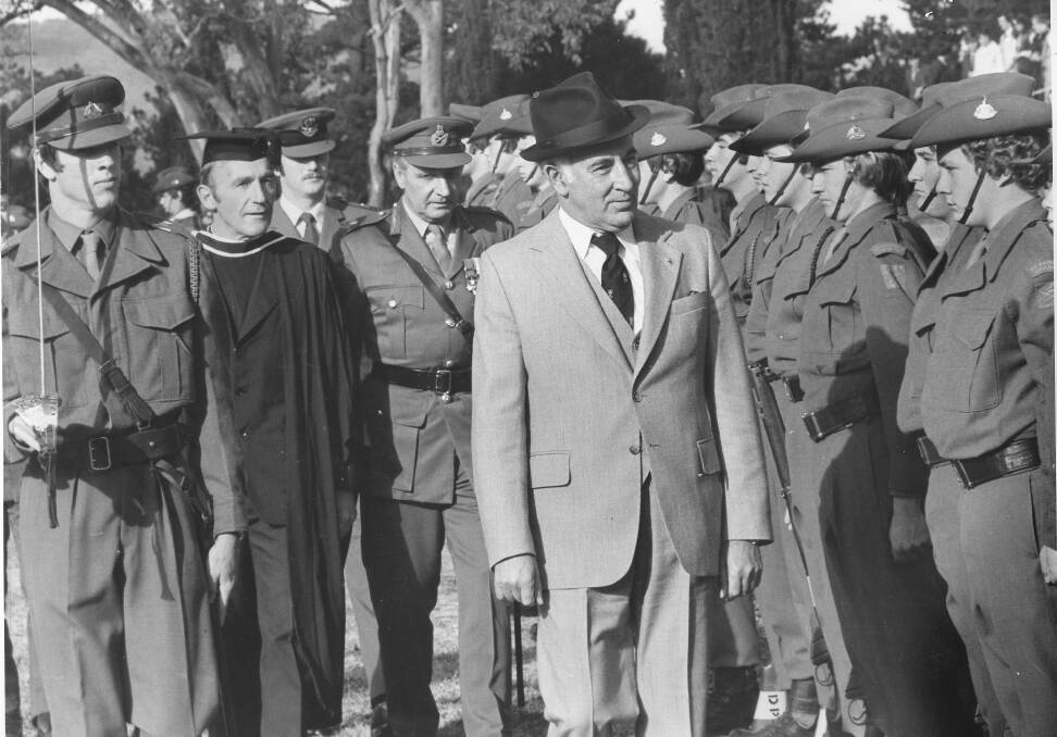 The president of Goulburn's [then] St Patricks College, Bro F. D. Marzorini, often hosted important guests for special occasions. In June 1979, Leon Oberg managed to get up close as the Governor General Sir Zelman Cowan reviewed the college cadet unit. 