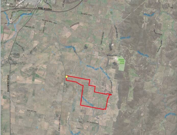 The $540 million solar farm would sit on a 632 hectare site (marked in red) southeast of Goulburn between Windellama Road and Kooringaroo Road. Braidwood Road is on right of map. Image supplied.