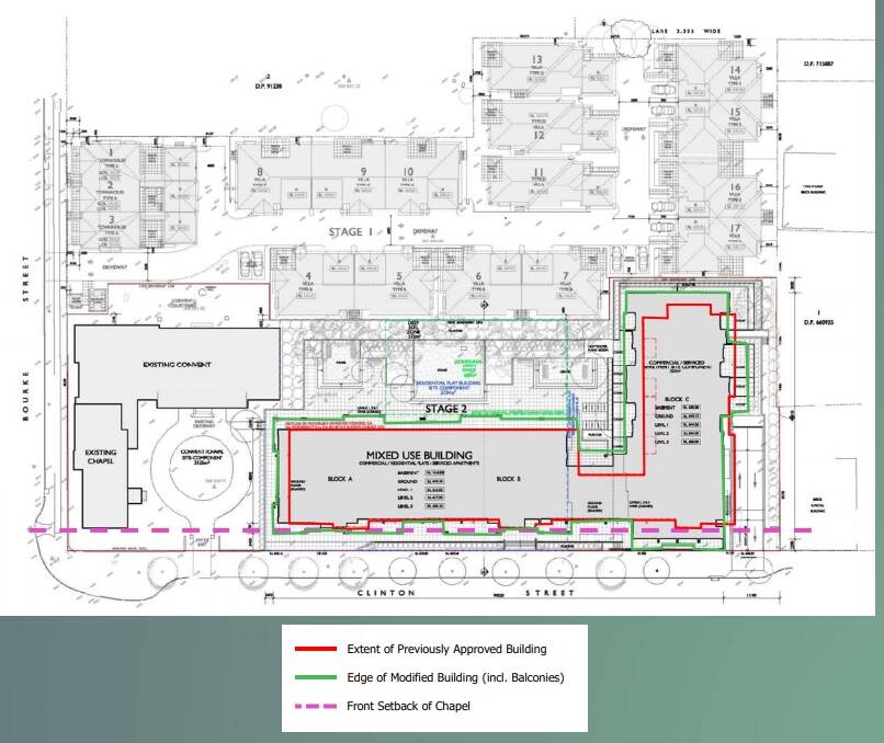 Environment and planning director Scott Martin's presentation depicted the extent of the previously approved apartment building (in red) compared to the modified structure (green). 