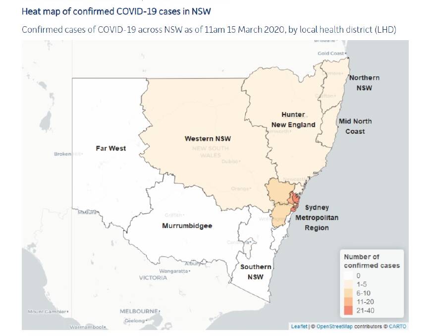 No cases of Coronavirus had been confirmed in Goulburn or the Southern NSW Local Health District as of 11am Sunday. Map courtesy NSW Health.