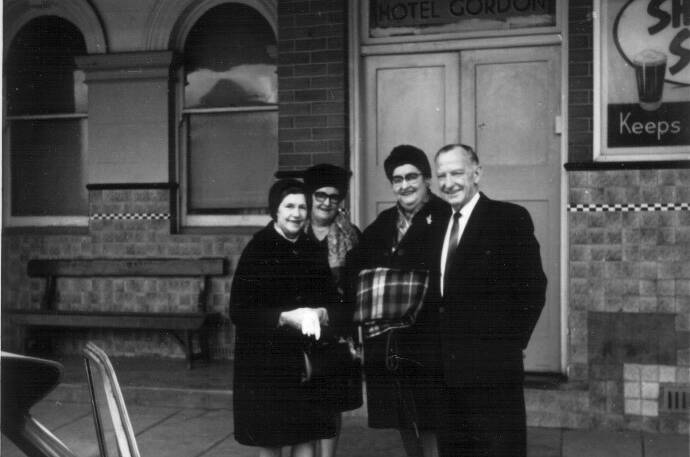 OLD DAYS: Jean Bowerman (second left) and her sister, Lil Gordon (second right) with Flo and Tom Hay out the front of The Gordon circa late 1960s. Photo supplied by Penny Gordon.