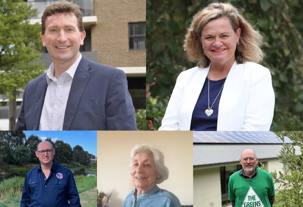 The Goulburn candidates are (from top clockwise) Labor's Michael Pilbrow, Liberal Wendy Tuckerman, The Greens Gregory-John Olsen, Sustainable Australia Party's Margaret Logan and Shooters, Fishers and Farmers candidate, Gregory-John Olsen.