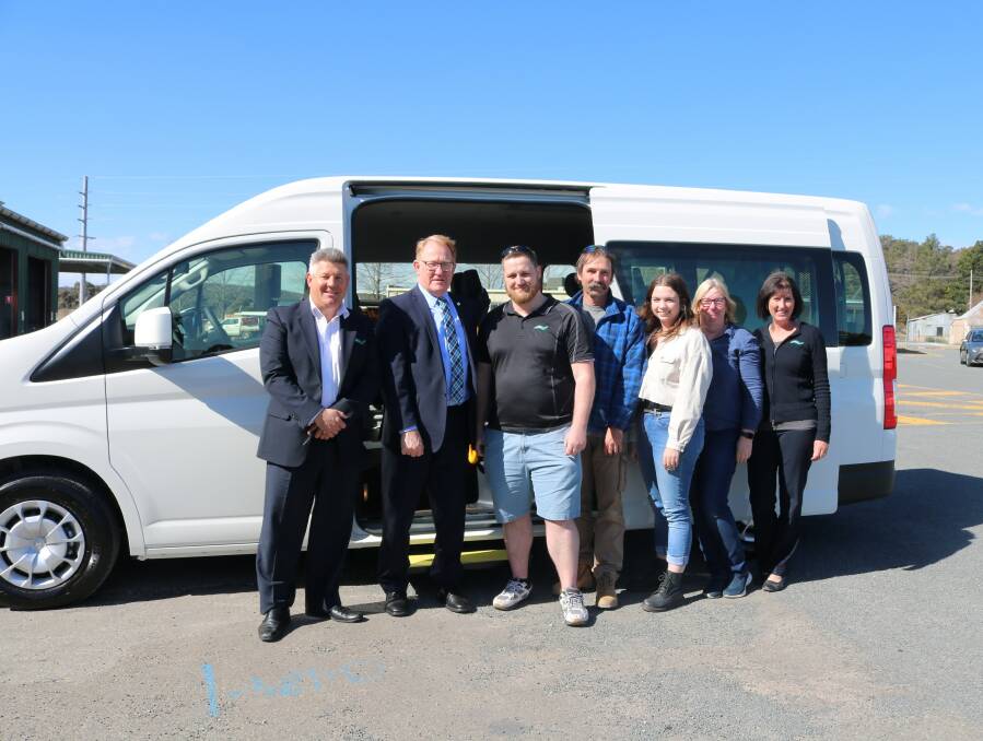 NEW WHEELS: Mayor Bob Kirk took delivery of the bus with the council's Ken Wheeldon, Youth Services officer Luke Wallace, Michael Jenkins, Caitlin Muddiman, Jo-ann Fitzsimmons and Megan Short. Photo supplied.