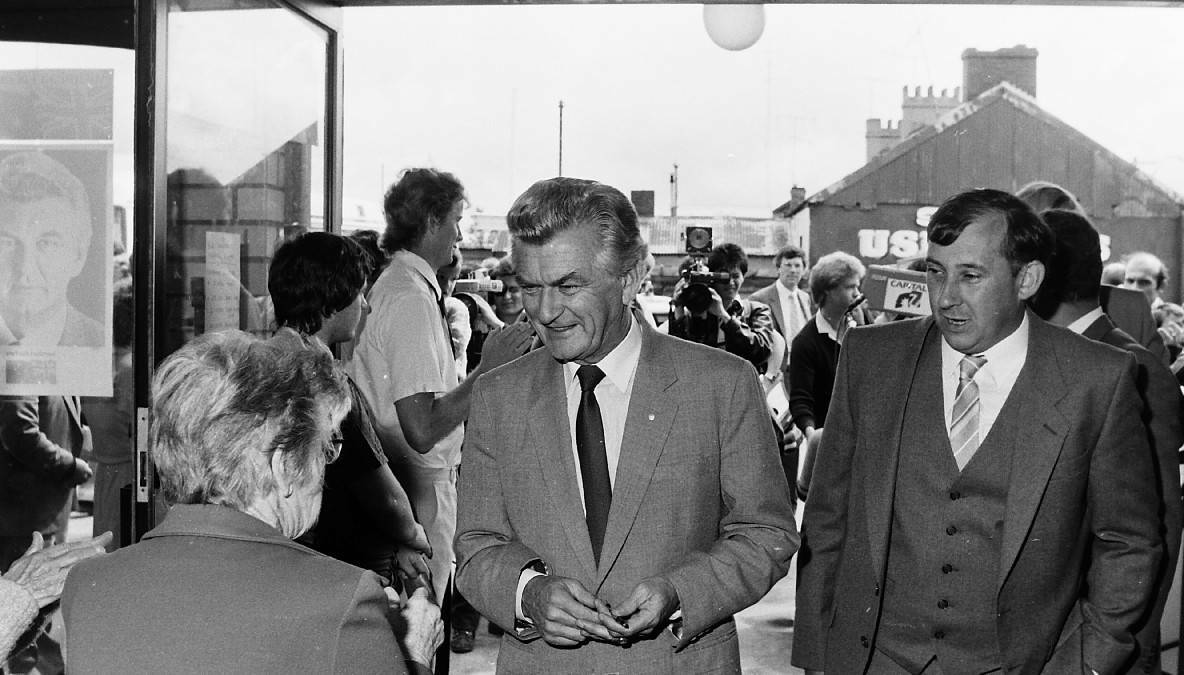 TWO BOBS: Then Prime Minister Bob Hawke was a popular visitor to Goulburn during Bob Stephens' 1984 federal election campaign. Photo: Leon Oberg.