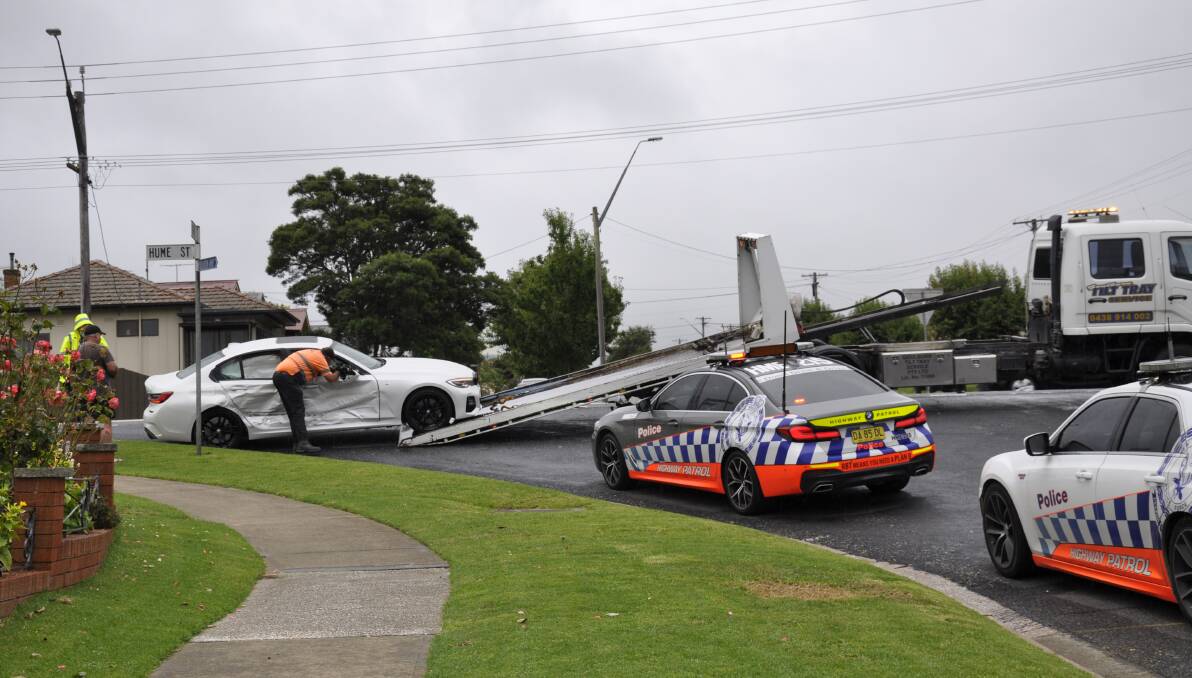 A white BMW was damaged in the collision at the Hume and Combermere Street intersection. Photo: Louise Thrower.