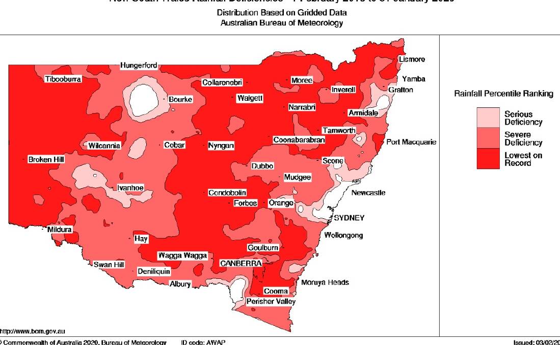 The Bureau of Meteorology's mapping of rainfall over two years from February 1, 2018 to January31, 2020 showed Goulburn itself had a 'severe' deficiency of rainfall. Image: BOM. 