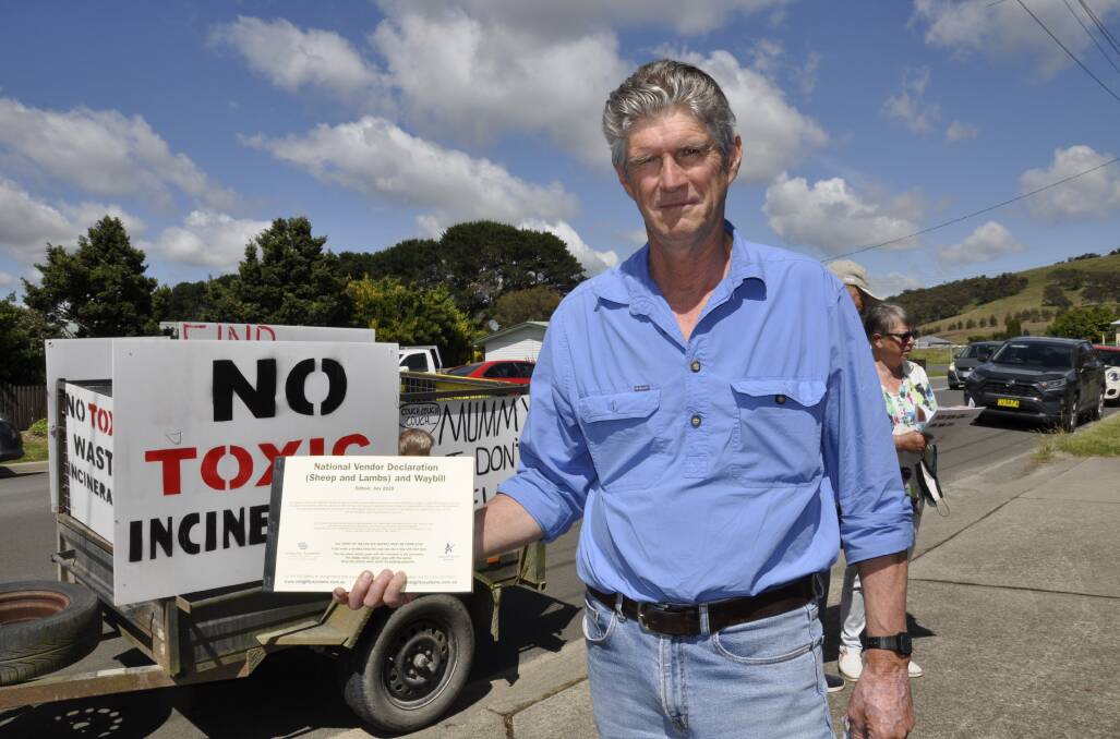 Tarago district grazier, Richard Fairfax joined a recent protest against Veolia's plans outside the village hall where the company was holding an information session. Picture by Louise Thrower.