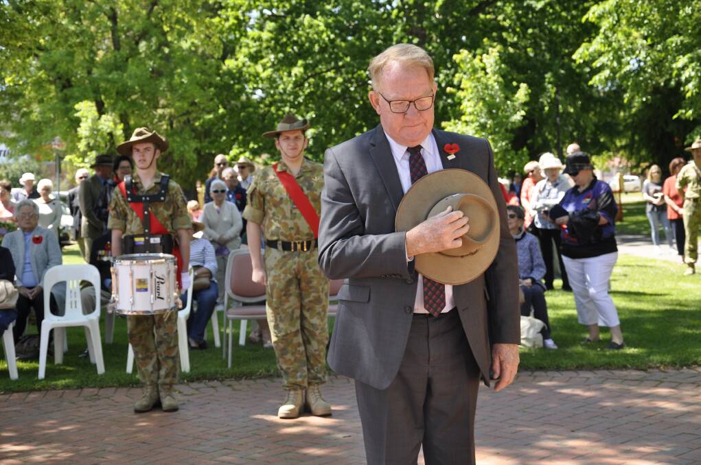 LEST WE FORGET: Mayor Bob Kirk paid his respects at the well-attended Remembrance Day commemoration at the Belmore Park honour roll in 2019. Photo: Louise Thrower.