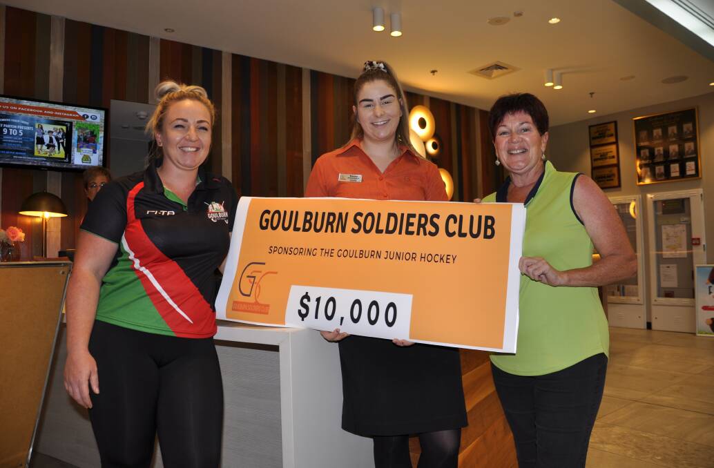 Goulburn Soldiers Club promotions and loyalty officer, Emma McColl with Goulburn and District Hockey Association president, Nadine Morton, and committee member, Sharney Fleming before the club's recent closure. Photo: Louise Thrower.