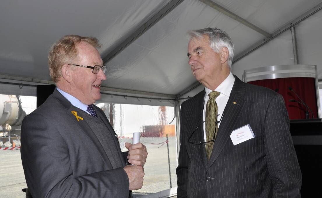 Mayor Bob Kirk and the council have kept in close contact with Regional Infrastructure Coordinator Ken Gillespie since he was appointed by the State Government. They were pictured last September at the opening of Veolia's Microbiological Treatment Plant at Woodlawn. 