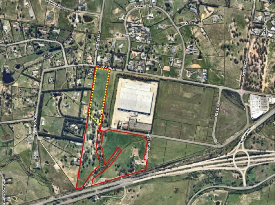 LOCATION: The aged care facility site, marked in yellow, is about 100 metres from the Coles Distribution Centre in Ducks Lane. Its entry would be via Lillkar Road on the southern side of the DC. Image: Sourced.