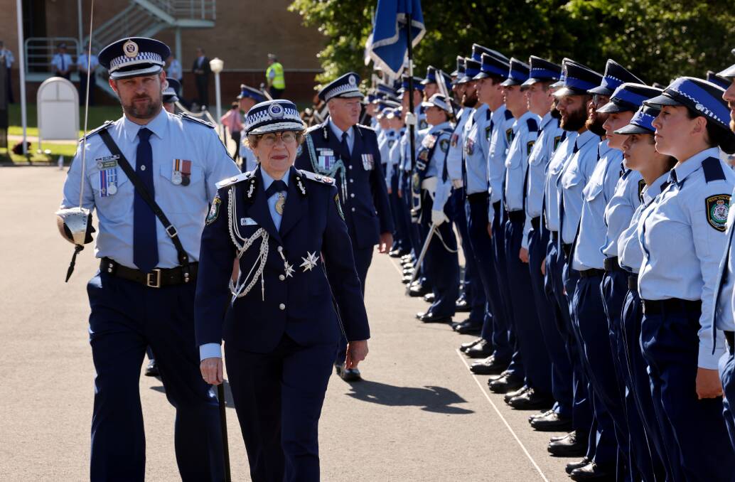 NSW Governor Margaret Beazley inspected some of the 218 attesting probationary constables in Class 350 at the NSW Police Academy on Friday. Photo: NSW Police Media. 
