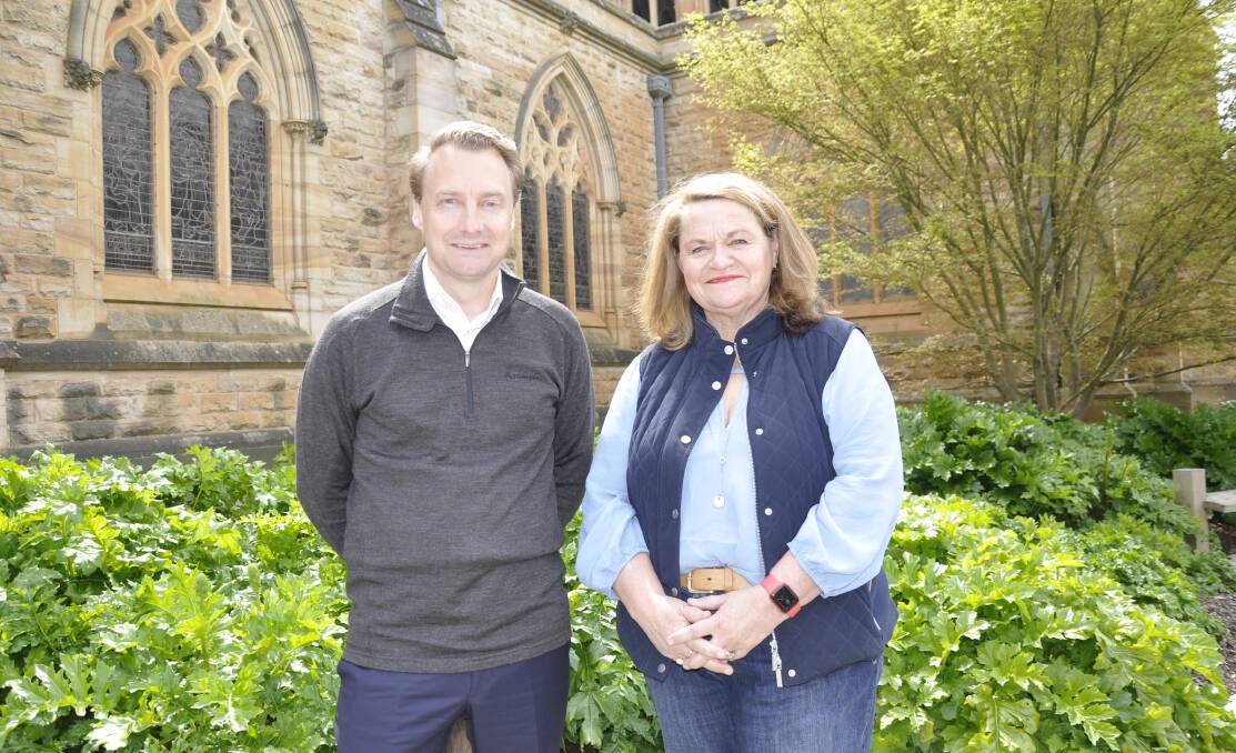 The state's environment and heritage minister James Griffin and Goulburn MP Wendy Tuckerman toured Kenmore Hospital on Tuesday. They are pictured here afterwards at Saint Saviour's Cathedral. Picture by Louise Thrower.