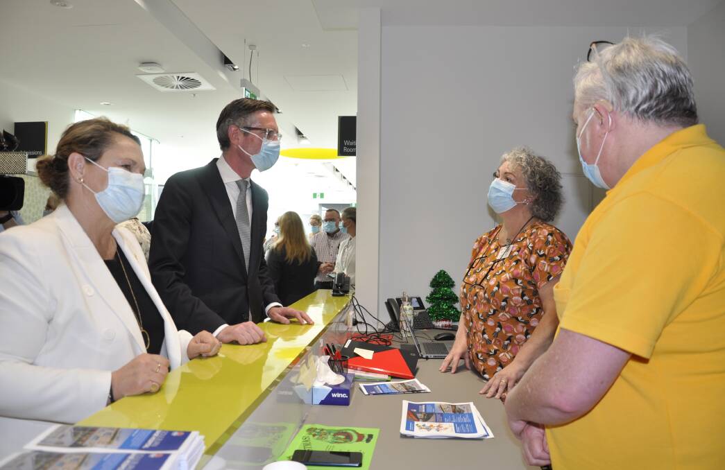 Goulburn MP Wendy Tuckerman and Premier Dominic Perrottet chatted with Goulburn Health Service volunteer coordinator Katherine Lee and Edward Hawke. Photo: Louise Thrower.