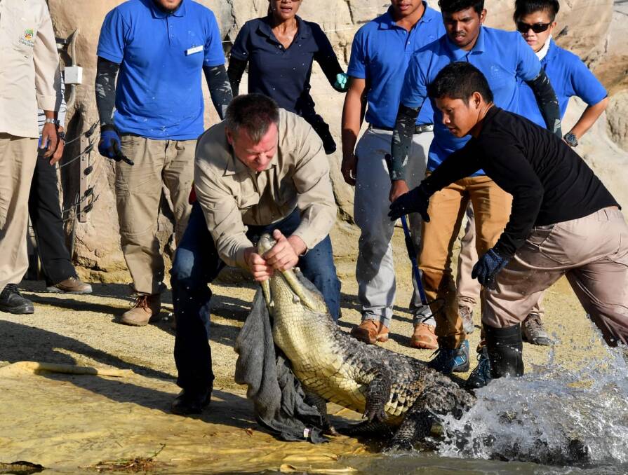 EXPERIENCE COUNTS: Tim Husband has worked throughout Australia and the world establishing zoos and safari parks. Here he teaches staff how to correctly catch crocodiles. Photo: Supplied.