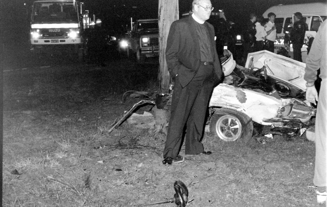 TRAGEDY: Darryl Fernance's first page one photograph captured a fatal car crash near Bishopthorpe and the visiting Anglican priest.