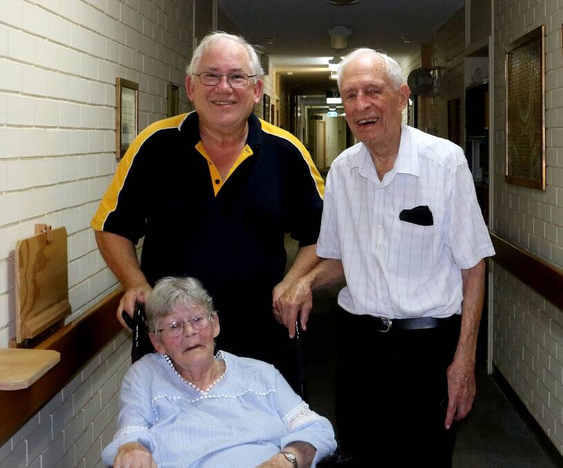 Peter and Julie Watts caught up with 96-year-old Brother Matt McKeon at his retirement resident in Oxley, Brisbane before the reunion. Brother McKeon, a former St Pat's Technical School principal, was unable to make the reunion due to flooding. Photo supplied.