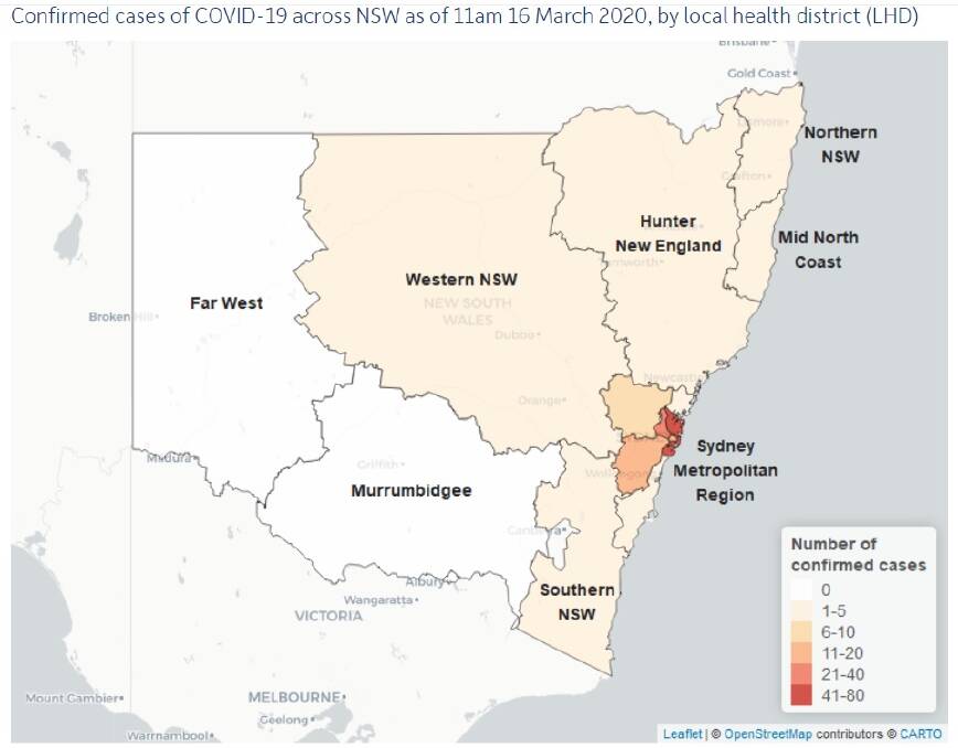 An update released by NSW Health at 11am Monday showed that there were between one and five coronavirus cases in the Southern NSW Local Health District. A spokesman said it was just one case. 