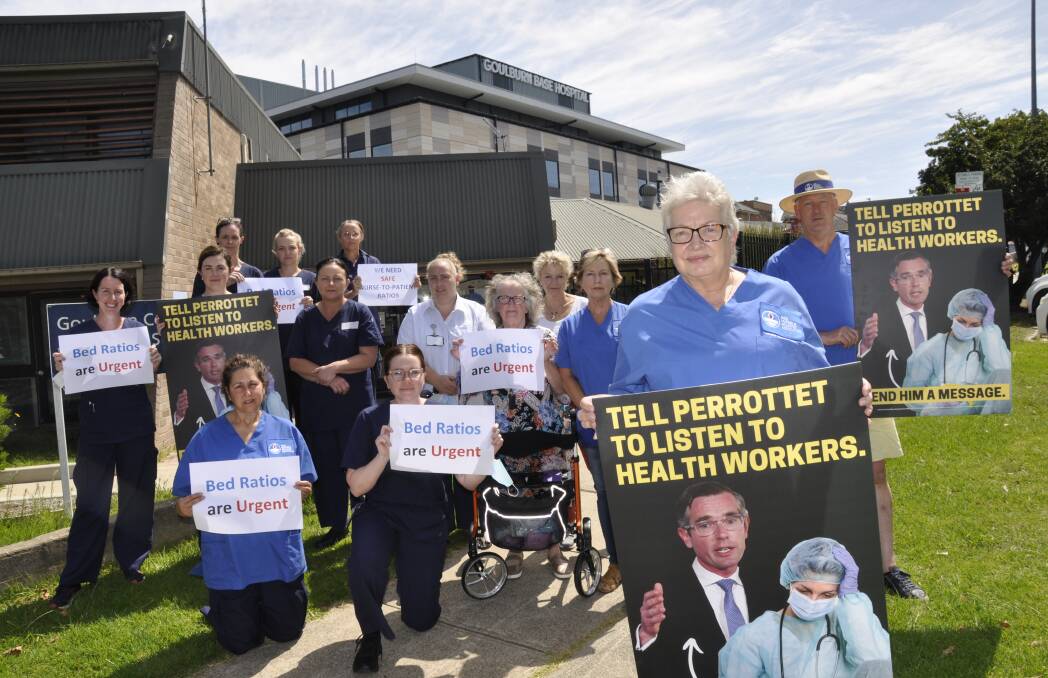 'TIRED AND STRESSED': Goulburn Community Health nurses led by their NSW Nurses and Midwives Association Rosemary Durbidge gathered in support of their striking colleagues this week. Photo: Louise Thrower.