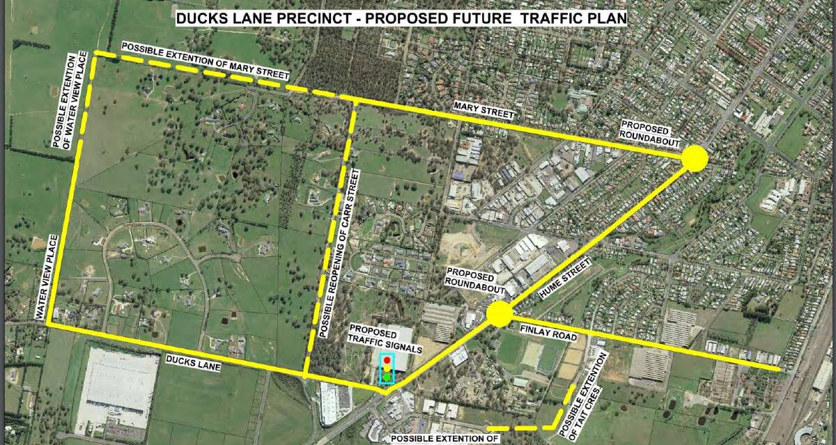 The proposed future traffic management plan for the Ducks Lane precinct as outlined in a consultant's study. Note that references to Waterview Drive (bottom left) should read Pockley Drive. Source: Goulburn Mulwaree Council.
