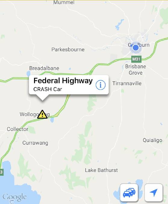 A car has collided on the Federal Highway, some 20km south of Goulburn.