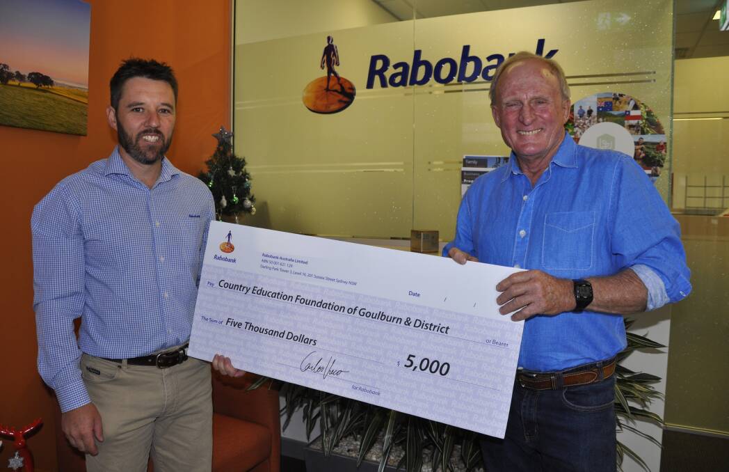 Chair of the Country Education Foundation of Goulburn and district, Guy Milson (right) is grateful to Rabobank, represented by Goulburn branch manager Craig Croker, for its support. Photo: Louise Thrower.