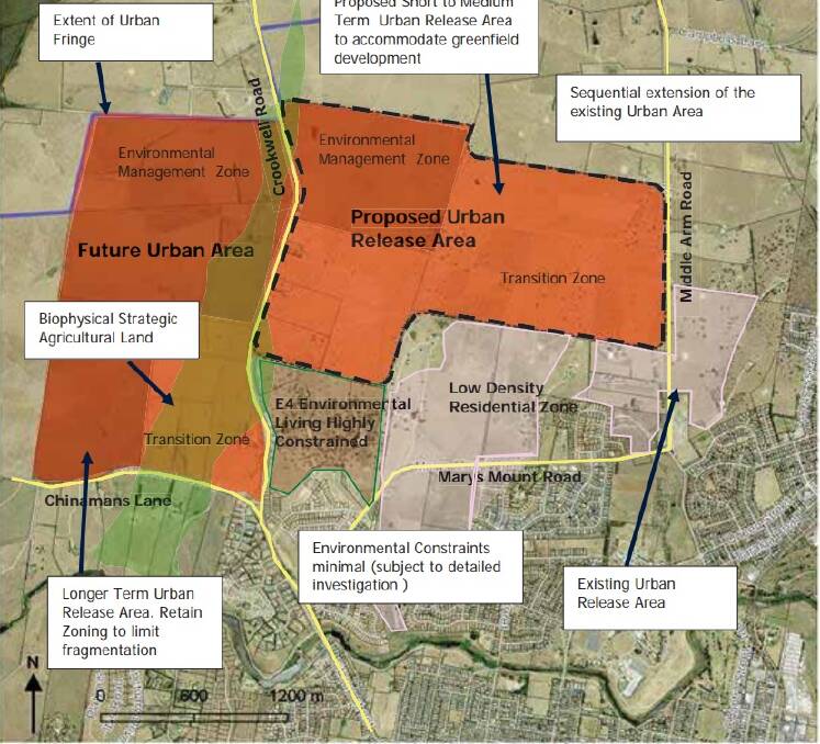 Elton Consulting is suggesting that land north of Marys Mount Road and west of Crookwell Road could be examined for future urban release. Image supplied.