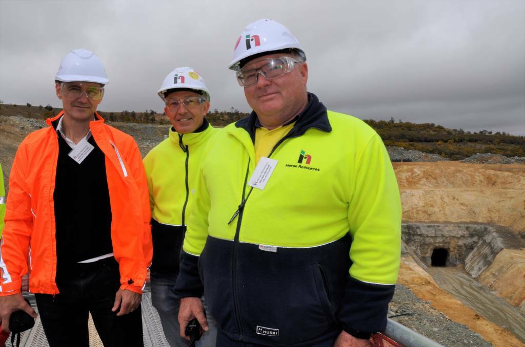 ONSITE: Heron Resources' CEO and managing director Wayne Taylor, Woodlawn chief operating manager Andrew Lawrie and mine general manager Brian Hearne pictured late last year at the site. Photo: Louise Thrower.