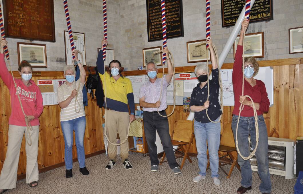 Saint Saviour's Cathedral bell-ringers Georgina Templeton, Jan Lawton, Shane Daly, bellringing teacher Dr Christopher Mahoney, Annie Zappia and Jennifer Hely were back practising their skills this week. Photo: Louise Thrower. 