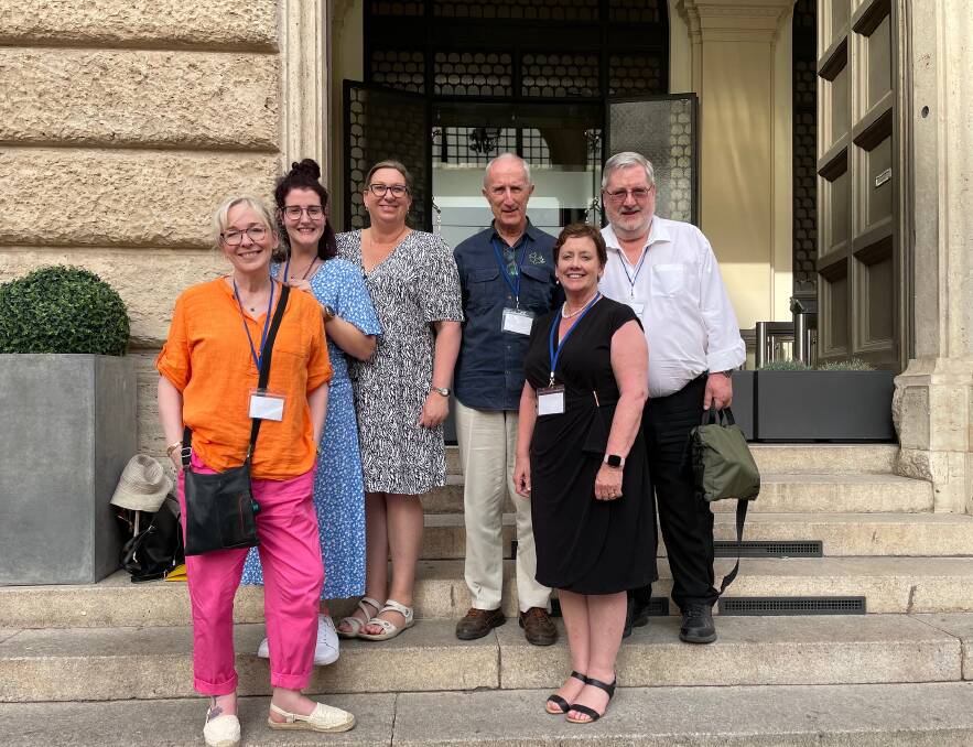Australian delegates at the International Safeguarding Conference in Rome included Goulburn's Dr Ursula Stephens (second right) and Lorna Duggan (Rockhampton) Tracy McLeod-Howe (Parramatta), Brother Tony Shanahan, Jodie Crisafulli (Broken Bay) and Father Tom Brennan. Photo supplied. 