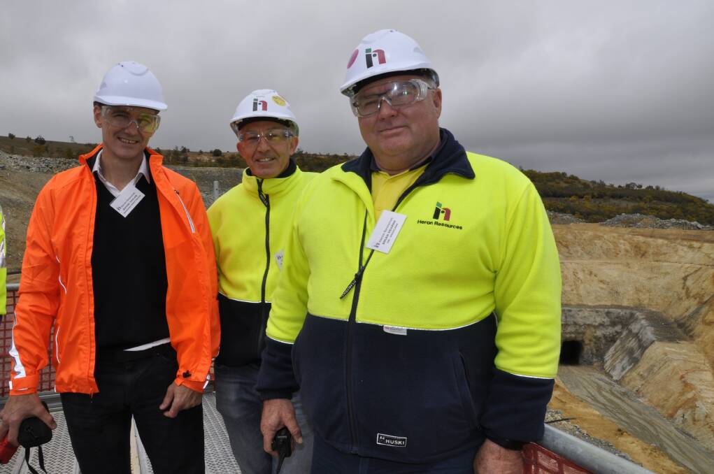 HAPPIER DAYS: Heron Resources CEO Wayne Taylor (left) and Woodlawn chief operating manager Andrew Lawry (centre), pictured at the mine in 2018, have been dismissed. Mine manager Brian Hearne (right) remains. Photo: Louise Thrower.