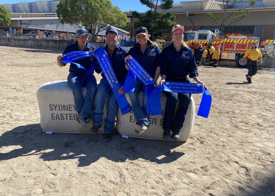 Katie Beresford, Cooper Mooney, Chloe Sawell and Claire Liversidge celebrated their win in the Sydney Royal Young Farmers Challenge. Picture by Jacki Waugh.