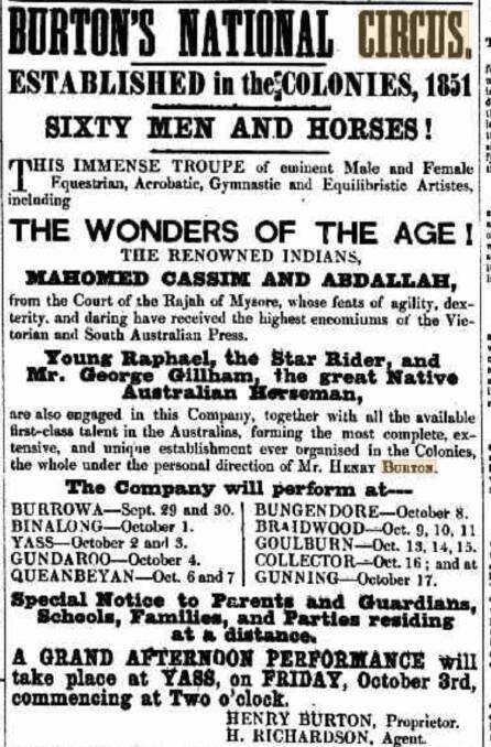 An advertisement for Burton's National Circus in October, 1862.