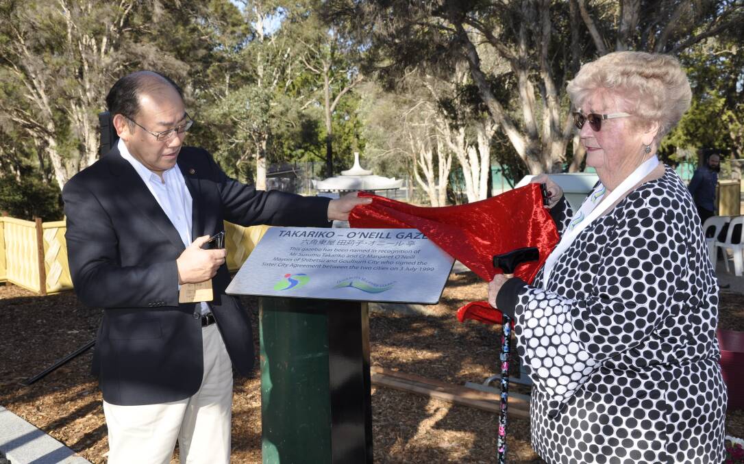 Shibetsu City Council chairman Tetsuyuki Matsugahira and Cr Margaret O'Neill opened the Takariko-O'Neill gazebo at Victoria Park in 2019. It was named after the two mayors who started the sister-city relationship. Photo: Louise Thrower.