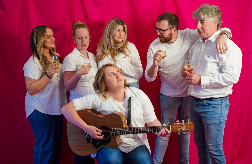 Amanda Waters, Sophie Linton, Alyce King, Anthony Lewis, Morgan Rook and musician, Ashleigh Chapman star in 'After Dinner,' a local production starting at GPAC on Friday, June 2. Picture supplied.