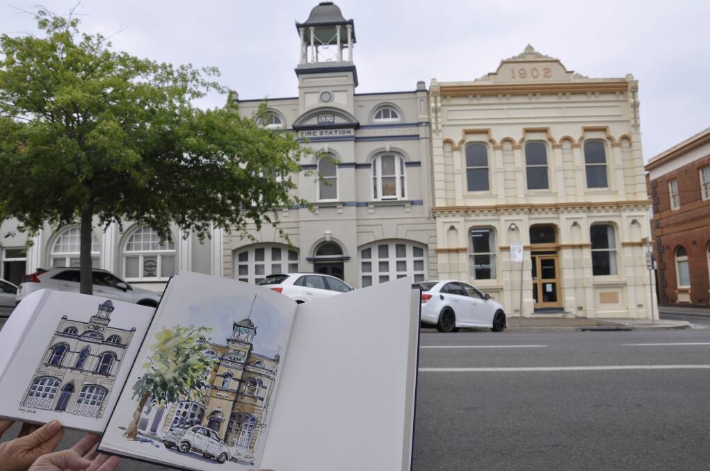 CAPTURING HISTORY: Sally Black and Judy Salleh's respective watercolour paintings of The Old Fire Station in Montague Street, now used as Johnson and Sendall solicitors' office. Photo: Louise Thrower. 