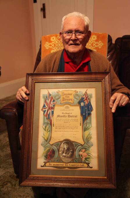 The late Roger Penman was proud of his father, Ross's World War One service. The Gallipoli veteran was acknowledged by the Manilla community for his 'gallant conduct' with this 1919 framed certificate, which his son spoke about in 2015. Photo: Peter Oliver. 
