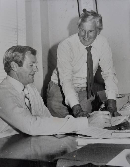FRESH FACE: The newly elected Mulwaree Shire president Laurie Sadlier (right) with then shire clerk, Col Wotton in 1981. Photo: Goulburn Post.