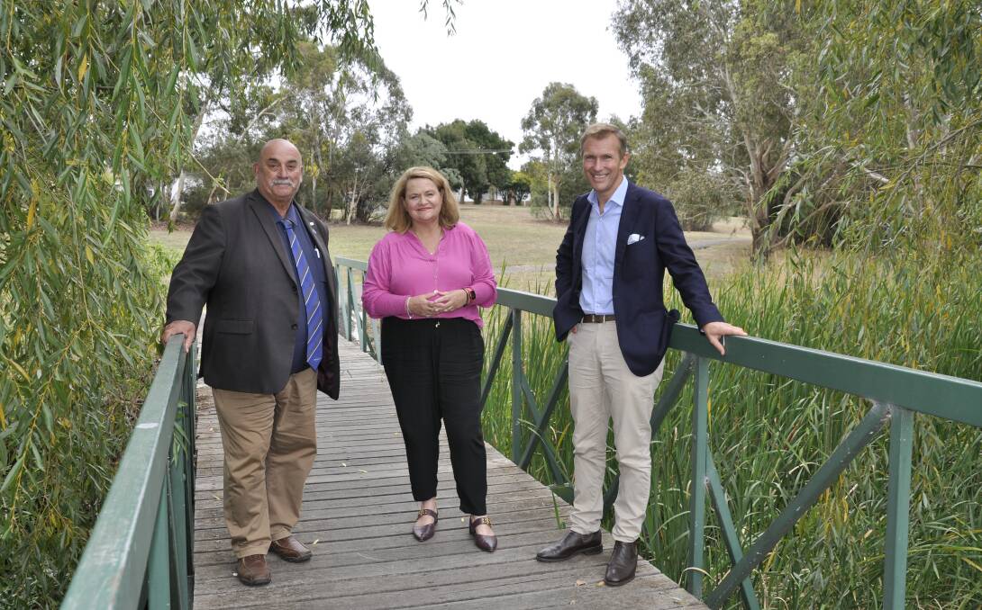 Mayor Peter Walker, Goulburn MP Wendy Tuckerman and active transport minister, Rob Stokes at Tuesday's funding announcement for extension and upgrade of the city's shared pathway. Picture by Louise Thrower.