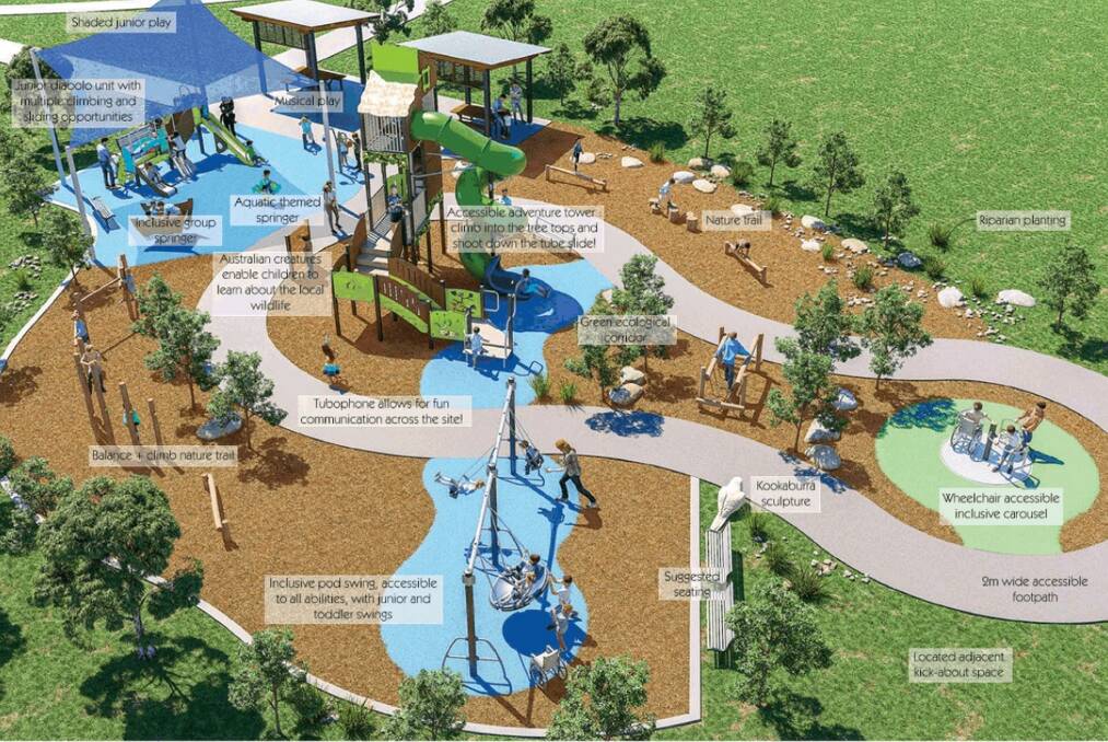 PLAY TIME: The new playground at Riverside Park on the Marys Mount side of the Wollondilly River will feature pod swings and and nature trails and cater for people of all abilities. Proludic designed the concept plan. Image sourced.