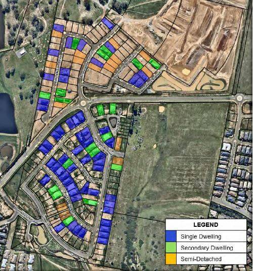 The Tillage subdivision on the bottom of this image showed predominantly single houses but some semi-detached and dual occupancy dwellings. However, more the approvals in the Teneriffe estate at top were semi-detached or secondary homes. Image: Goulburn Mulwaree Council. 