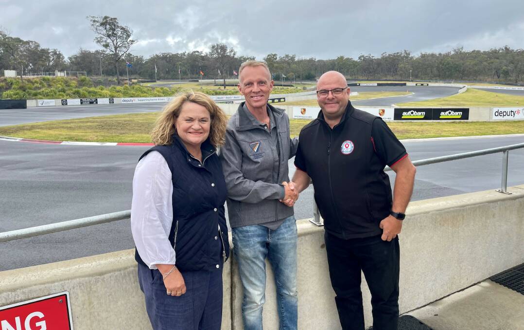 Goulburn MP Wendy Tuckerman, Pheasant Wood owner, Steve Shelley and Benalla Auto Club general manager, Steve Whyte, shook hands on the deal this week. Picture supplied.