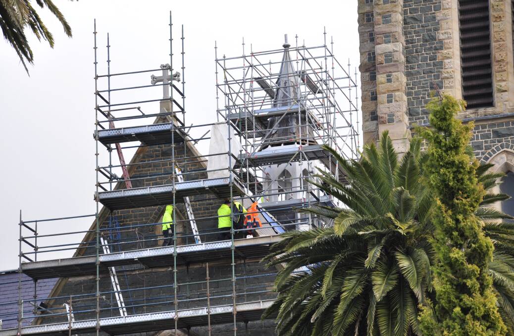 Work is underway to restore the fleche on Sts Peter and Paul's Cathedral as part of a wider restoration project. Photo: Louise Thrower.