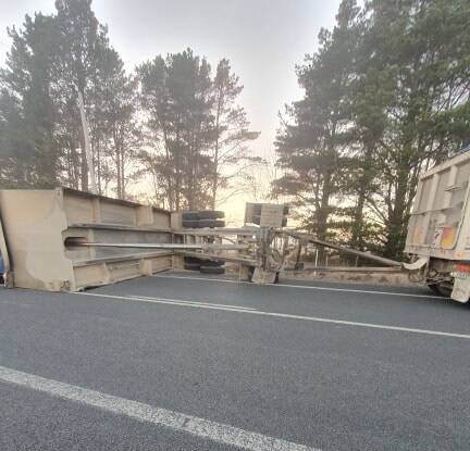 The trailer reportedly slid 50 metres along the road, about 5km past Painters Lane. Photo: Reece Warnecke.