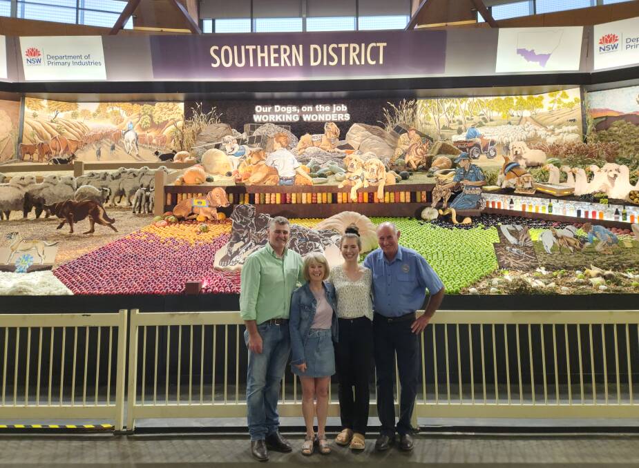 Southern Districts display designers Margie Fitzpatrick and daughter Emma Liscomb with wool growers Michael Lowe and Ken Hewitt. Mr Hewitt also managed the work which won the display and best wool categories at the Sydney Royal. Picture supplied.
