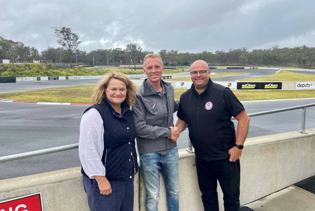 Goulburn MP Wendy Tuckerman, Pheasant Wood motor sport facility owner, Steve Shelley and Benalla Auto Club general manager, Steve Whyte at Pheasant Wood this week. Picture supplied.