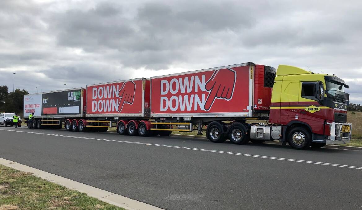 TRIAL: Linfox B-triples were trialled on the Hume Highway and the route into Goulburn's Coles distribution centre in July. The council said they were able to "simply" navigate roundabouts and turns. Photo: Supplied.