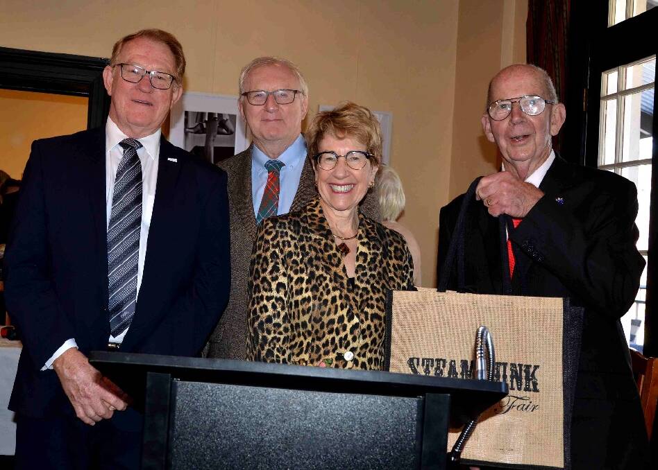 Mayor Bob Kirk, NSW Governor Margaret Beazley AC QC, her husband Dennis Wilson and former Goulburn Roundhouse Preservation secretary Terence Carpenter at the subsequent Goulburn Club function to mark the railway's 150th anniversary. Photo: Leon Oberg. 