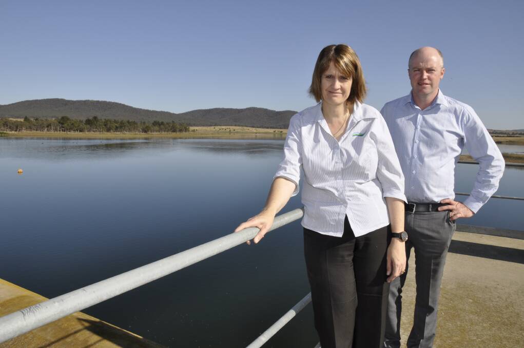 STORAGE: The council's utilities director, Marina Hollands, and water operations business manager, Luke Moloney at Sooley Dam on Thursday.